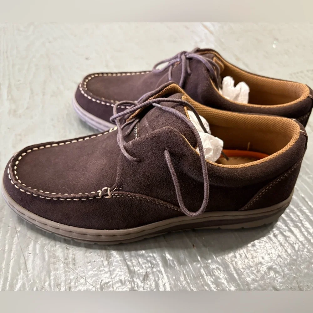 NEW Lands' End Men’s Sz 8 D Dark Brown Suede Mock Toe Boat Shoes Lace Up Loafer